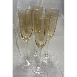 Set Of 4 Iridescent Glass Champagne Flutes Clear Stems 10.25” Tall EUC